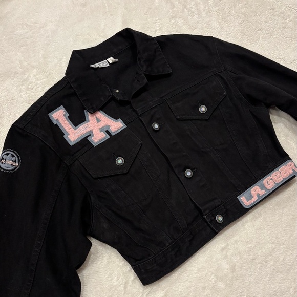L.A. Gear Jackets & Blazers - Vintage 80s/90s LA Gear Black Cropped Denim Jacket - Varsity Style - Size Small